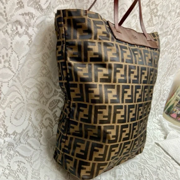 Vintage Fendi Zucca Brown Canvas Tote Hand Bag 14in x 13in x 4in - Picture 5 of 13